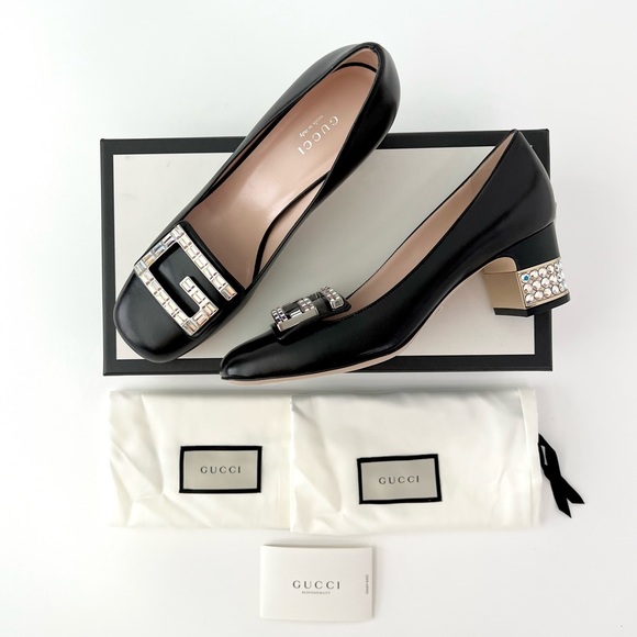 GUCCI | Decollete Madelyn Black Malaga Kid Pump Heel with G Crystals Size 37 - Picture 1 of 16